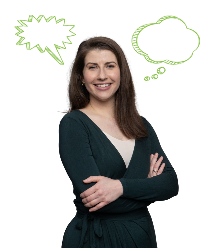 A woman smiles at the camera, surrounded by thought bubbles