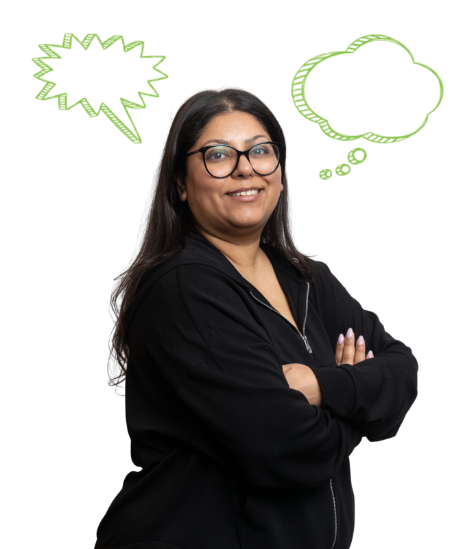 A woman smiles at the camera, surrounded by thought bubbles