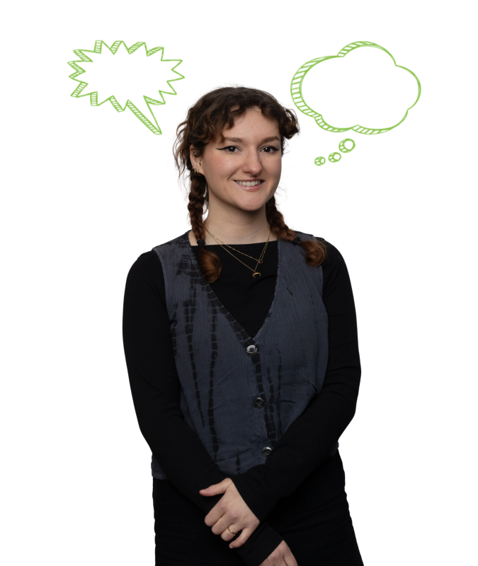 A woman smiles at the camera, surrounded by thought bubbles